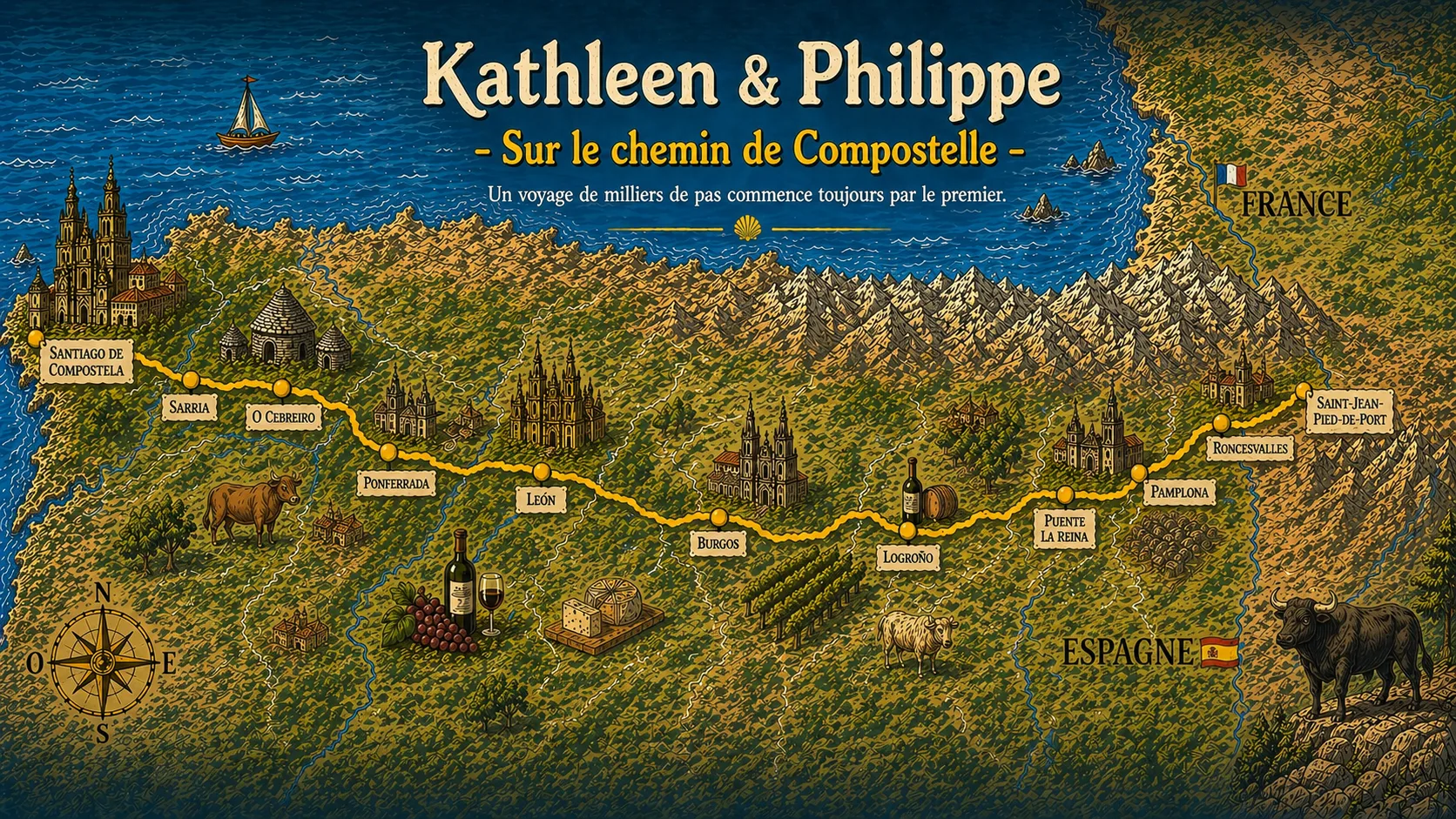 Carte illustrée du Chemin Français de Saint-Jacques de Compostelle