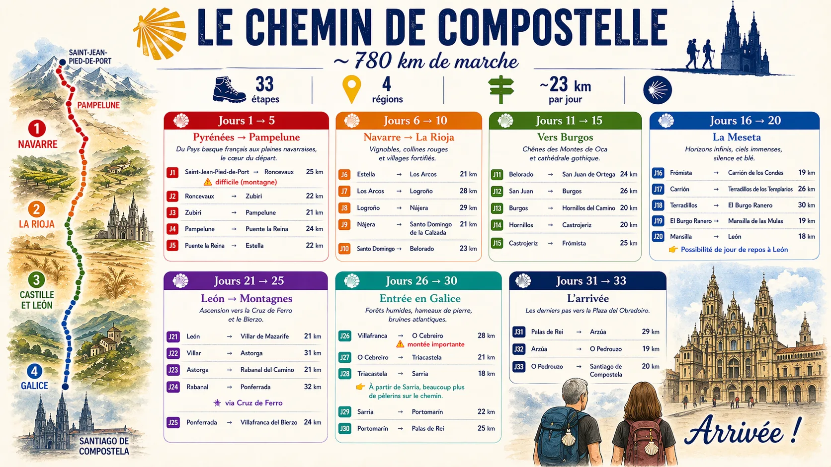 Carte de l'itinéraire du Chemin Français de Saint-Jacques de Compostelle