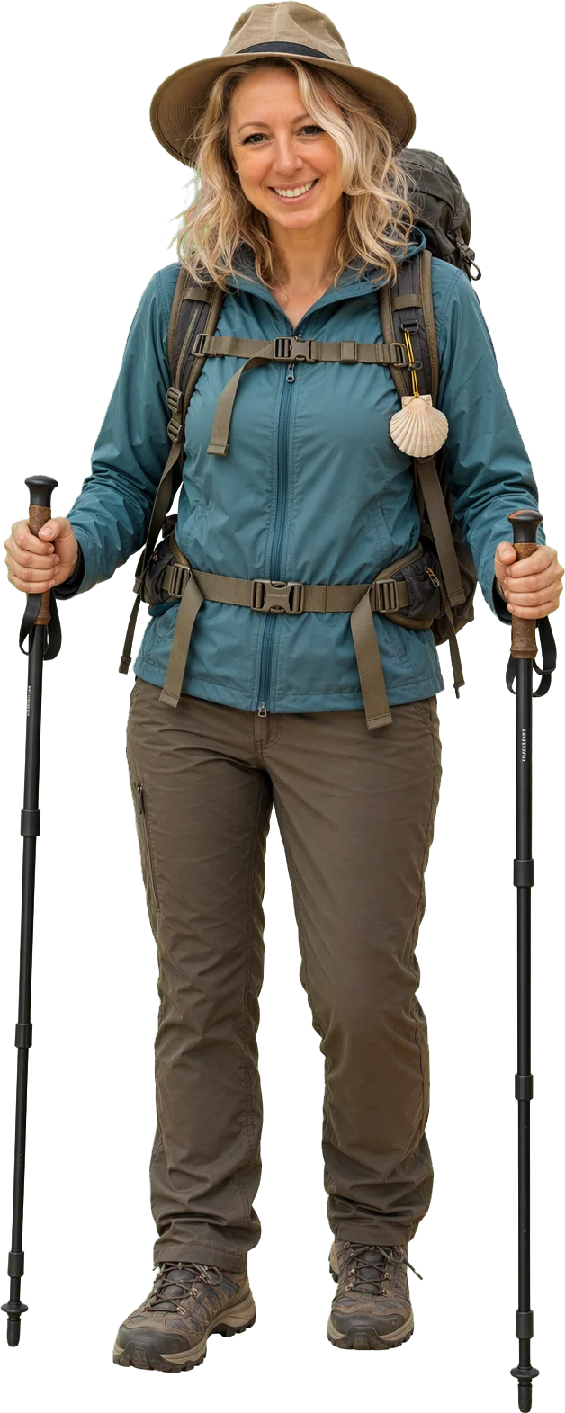 Kathleen en pèlerine avec sac à dos et bâtons de marche