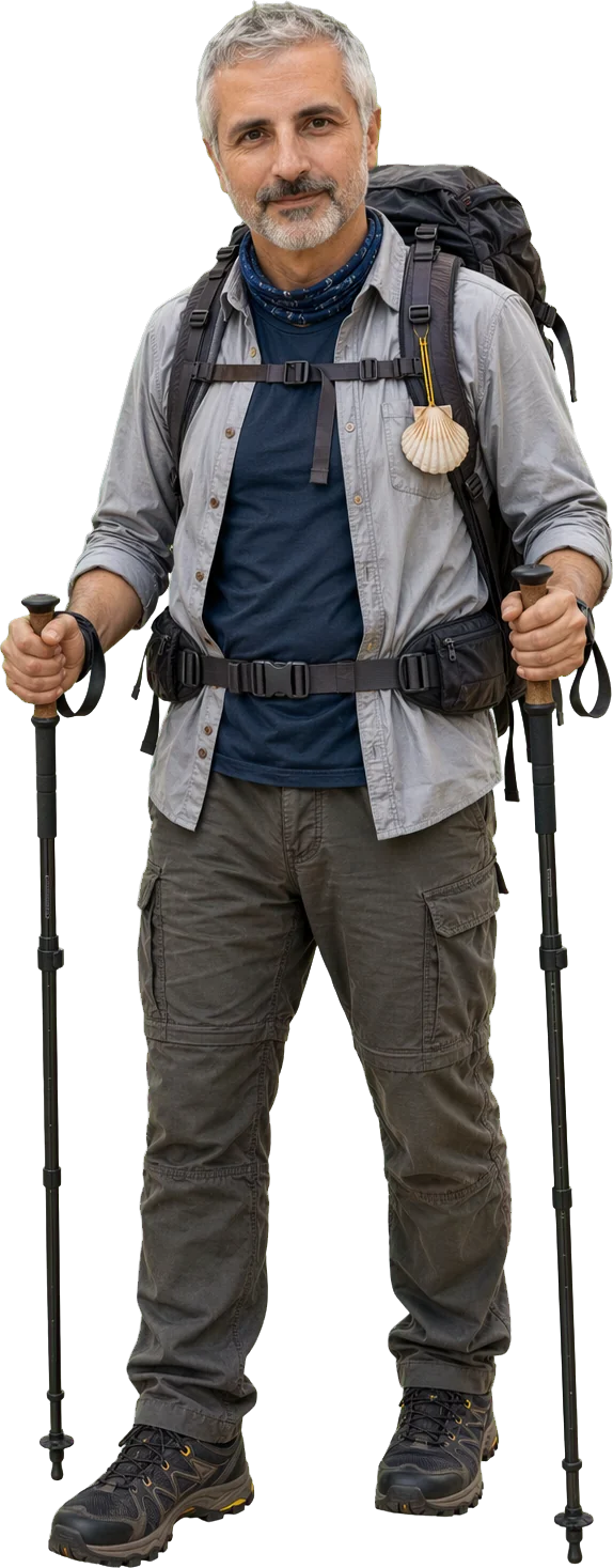 Philippe en pèlerin avec sac à dos et bâtons de marche